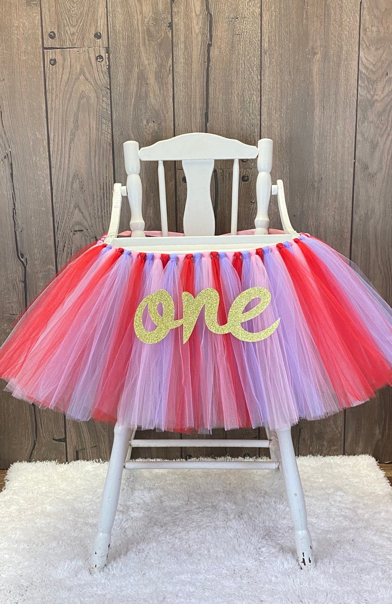 Valentines Day 1st Birthday High Chair Tutu, Girls First Birthday Banner, Lavender, Red & Pink Tulle Tutu Skirt for Smash Cake Party image 1