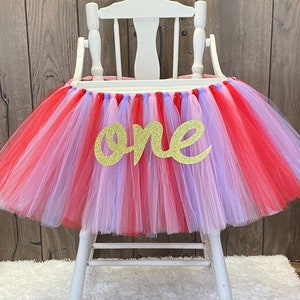 Valentines Day 1st Birthday High Chair Tutu, Girls First Birthday Banner, Lavender, Red & Pink Tulle Tutu Skirt for Smash Cake Party image 3