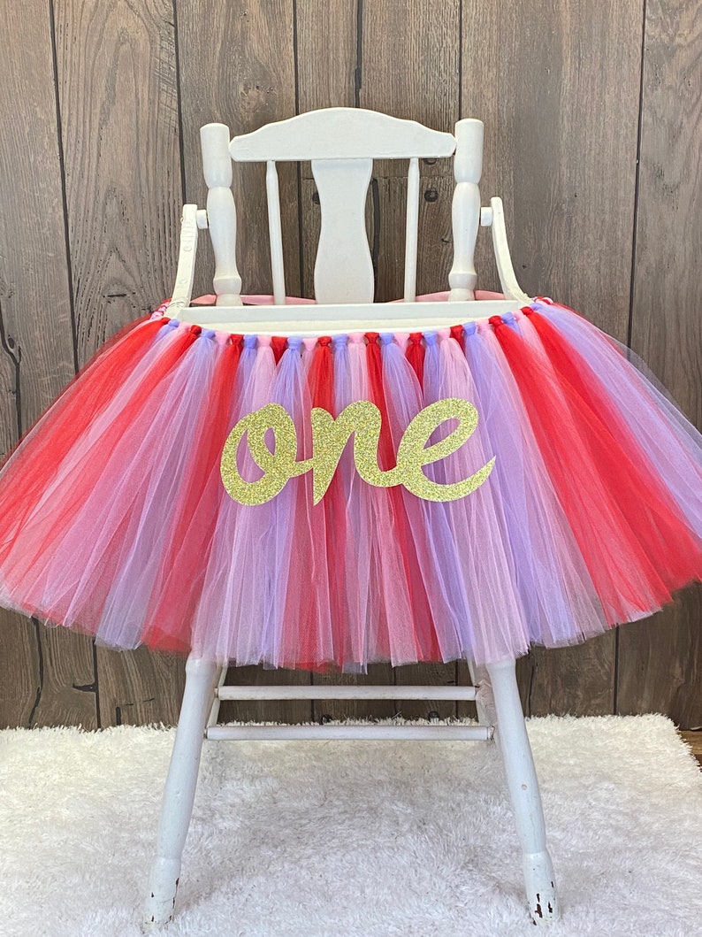 Valentines Day 1st Birthday High Chair Tutu, Girls First Birthday Banner, Lavender, Red & Pink Tulle Tutu Skirt for Smash Cake Party image 3