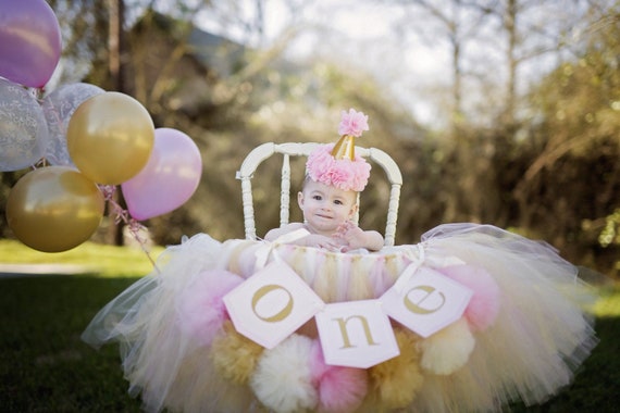 Pink Gold & Ivory High Chair Tutu- Highchair Skirt- Highchair Tutu-Highchair Banner- Tulle Highchair Skirt-Smash Cake-High Chair Tutu skirt Il_570xn