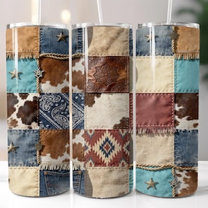 May include: A tumbler with a patchwork design featuring denim, cowhide, leather, and fabric squares. The tumbler is adorned with star-shaped embellishments and rope accents. The design incorporates a Southwestern and Western theme.