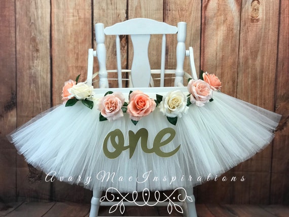 High Chair Tutu- High Chair Skirt- White and Peach Highchair tutu- Highchair skirt- High Chair Skirt- Girls 1st Birthday Highchair Il_570xn