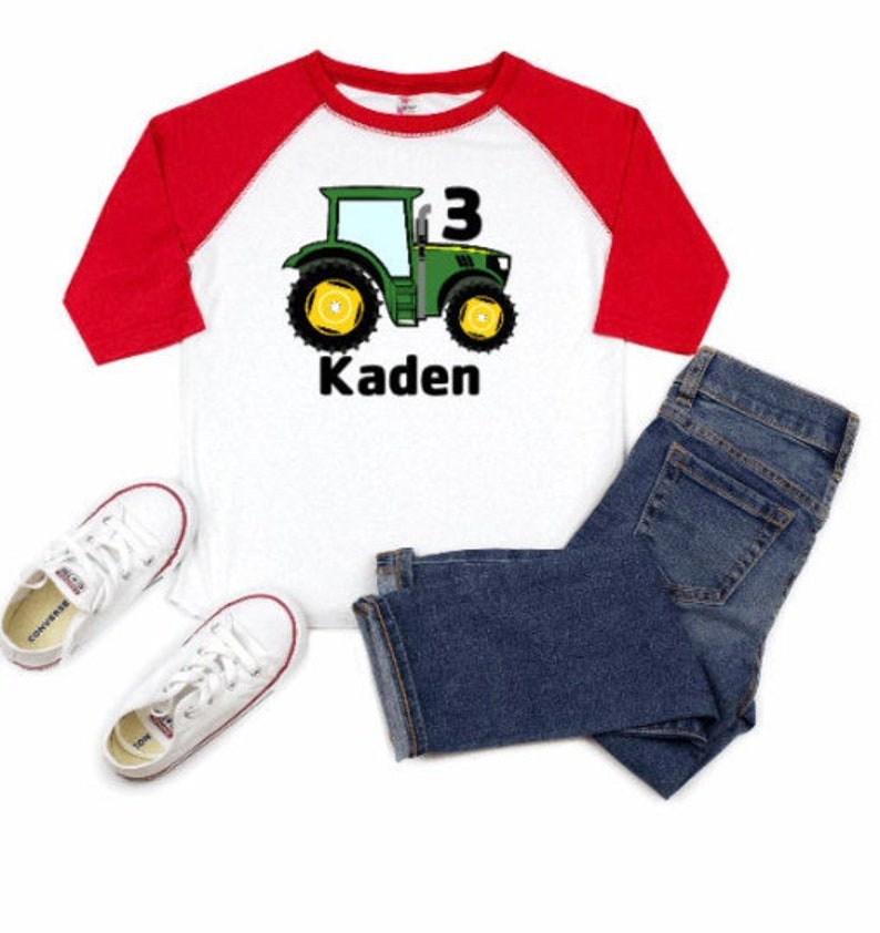 Boys 3rd Birthday Tractor Shirt, Farm Raglan Toddler Jersey, Kids 3 Years Old Boy Tee Shirt, Personalized Name, Green Big Tractor image 1