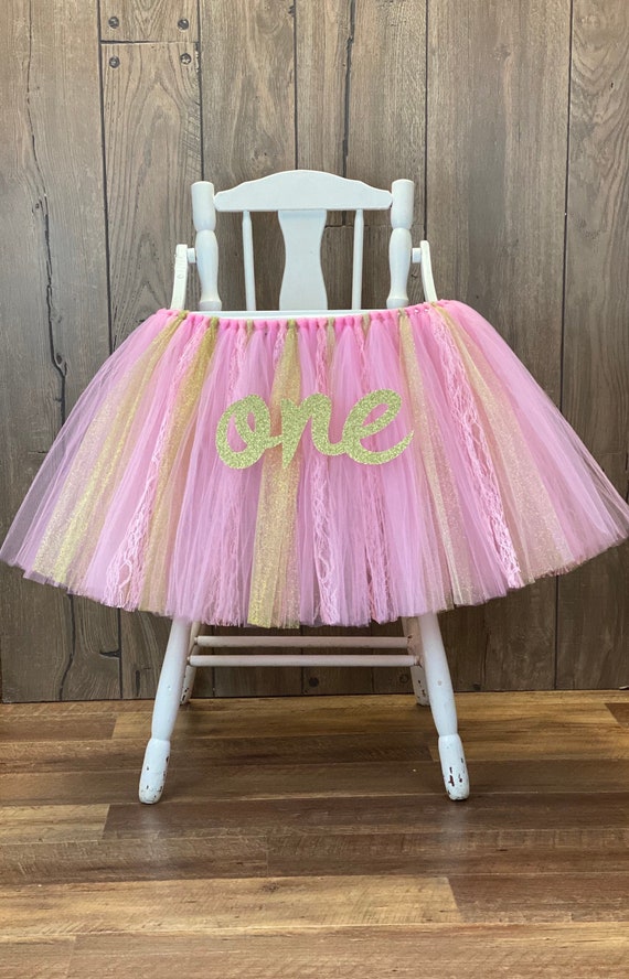 High Chair Tutu, Pink and Gold Highchair Banner, Girls First Birthday Smash Cake Party, Tulle Chair Decor, Glitter Gold Banner Decorations Il_570xn