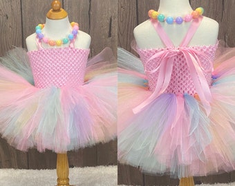 Pastel Rainbow Unicorn Tutu Dress, Princess Tulle Party Outfit, Girls Birthday Dress, Toddler Flower Girl, Rainbow Birthday Skirt  Outfit