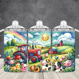 K&ouml;nnte beinhalten: Drei farbenfrohe isolierte Becher mit Strohhalmdeckeln und Griffen. Jeder Becher zeigt eine andere Farmszene mit einem roten Traktor, K&uuml;hen, H&uuml;hnern und einem Regenbogen.