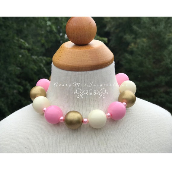 Bubblegum Girls Necklace, Toddler Chunky Necklace, Pink and Gold Chunky Bead Necklace, Baby Bead Necklace, Girls Chunky Beads Il_570xn