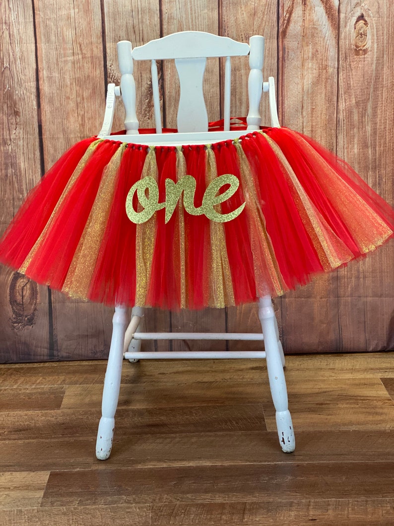 High Chair Tutu, Girls First Birthday Highchair Banner Skirt, Red and Gold Christmas Birthday, Valentine Girls Birthday Smash Cake Party image 1