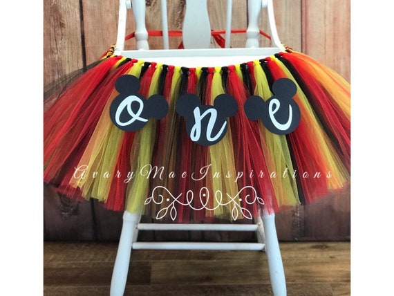 Mickey Mouse First Birthday High Chair Tutu- Girls 1st Birthday Highchair Banner, Red, Black and Yellow Smash Cake Decorations Il_570xn