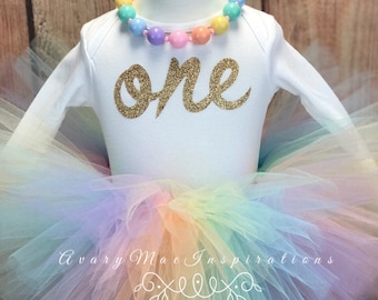 Unicorn First Birthday Outfit, Pastel Rainbow Girls 1st Birthday Tutu, One Year Old Bodysuit, Smash Cake Photo Outfit, First Birthday Outfit