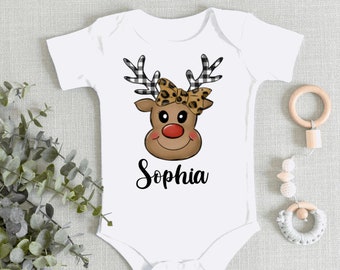 Reindeer Christmas Bodysuit, Baby Girl Christmas Kids Shirt, Toddler Christmas Shirt for Girls, Personalized Name, Baby Girls Christmas