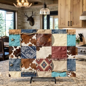Western Kitchen Glass Chopping Cutting Board, Western Cowhide Patchwork
