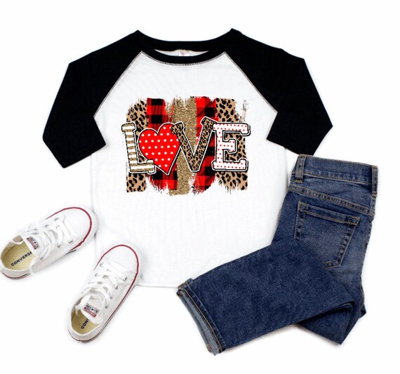 LOVE Girls Raglan Jersey, Valentines Day Shirt, Buffalo Plaid, Heart Girls T Shirt, Kids Gift, Toddler Fashion Cheetah Print Tee Shirt Il_570xn