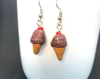 Chocolate Ice Cream Earrings - Chocolate Ice Cream Studs - Chocolate Ice Cream Dangles - Chocolate Ice Cream Cone Earrings - Handmade Gift