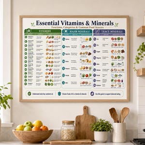 May include: A framed educational poster titled "Essential Vitamins & Minerals" with a wooden frame. The poster is divided into sections for vitamins, major minerals, and trace minerals, with food source illustrations. A wooden bowl of fruit sits below.