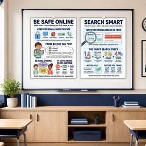 May include: Two educational posters titled BE SAFE ONLINE and SEARCH SMART displayed on a whiteboard. The posters feature colorful illustrations, icons, and text providing guidance on digital citizenship, privacy, and evaluating online information.