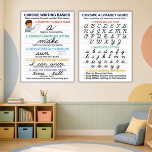 May include: Two educational wall posters featuring cursive writing instructions. The left poster, Cursive Writing Basics, shows five steps for writing. The right poster, Cursive Alphabet Guide, displays uppercase and lowercase cursive letters.