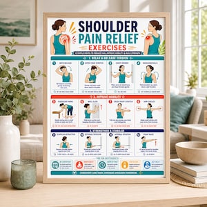 May include: A framed instructional poster titled SHOULDER PAIN RELIEF EXERCISES featuring twelve numbered illustrations of physical movements. The chart includes text instructions for neck, trap, chest, and shoulder stretches, mobility, and strengthening.