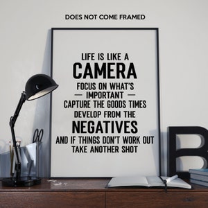 May include: A black framed print with the text "LIFE IS LIKE A CAMERA FOCUS ON WHAT'S IMPORTANT - CAPTURE THE GOODS TIMES DEVELOP FROM THE NEGATIVES AND IF THINGS DON'T WORK OUT TAKE ANOTHER SHOT". A black desk lamp and other desk accessories are visible.