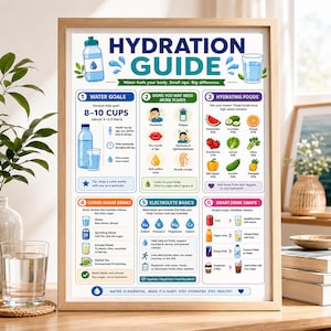 May include: A framed educational poster titled HYDRATION GUIDE featuring six sections with illustrations and text about water goals, signs of dehydration, hydrating foods, lower-sugar drinks, electrolyte basics, and smart drink swaps.
