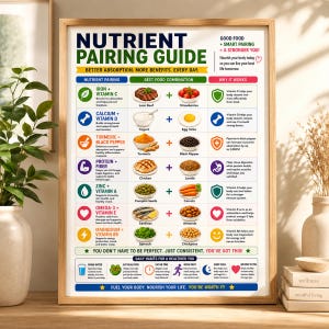 May include: A framed educational poster titled Nutrient Pairing Guide, featuring a colorful chart that lists food combinations for better absorption, including icons, text explanations, and a section on daily habits for a healthier lifestyle.