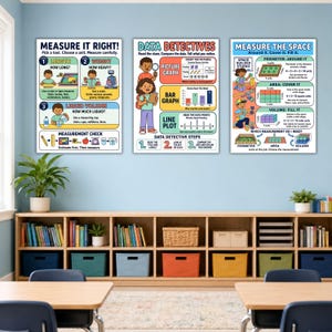 May include: Three educational wall posters titled Measure It Right, Data Detectives, and Measure The Space. These colorful charts feature illustrations of children and diagrams explaining concepts of length, weight, volume, graphs, and geometry.