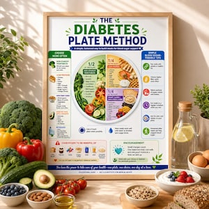 May include: A framed educational poster titled "The Diabetes Plate Method" with a diagram illustrating balanced meal portions. The poster includes sections on vegetables, lean proteins, smart carbs, and healthy fats, along with tips for blood sugar management.