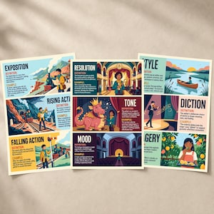 May include: Three educational posters featuring literary terms including Exposition, Rising Action, Falling Action, Resolution, Tone, Mood, Style, Diction, and Imagery. Each section provides a definition and a colorful illustrated example.