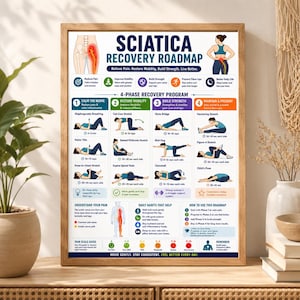 May include: A framed educational poster titled Sciatica Recovery Roadmap featuring a 4-phase recovery program with illustrations of various stretches and exercises, a pain scale guide, and daily habit tips for managing nerve pain and mobility.
