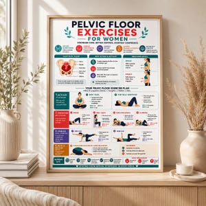May include: A vertical educational poster titled Pelvic Floor Exercises for Women, featuring anatomical diagrams, breathing instructions, and step-by-step illustrations of various physical exercises with text descriptions in a grid layout.