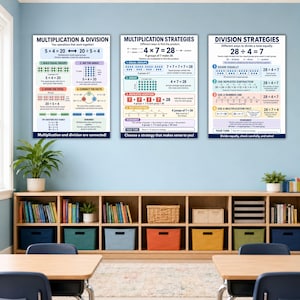 May include: Three educational wall posters featuring math concepts. The first poster explains multiplication and division, the second details multiplication strategies, and the third outlines division strategies, all using colorful text and diagrams.