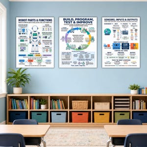 May include: Three educational posters titled Robot Parts & Functions, Build, Program, Test & Improve, and Sensors, Inputs & Outputs. These white posters feature colorful diagrams, text, and illustrations explaining robotics concepts for students.