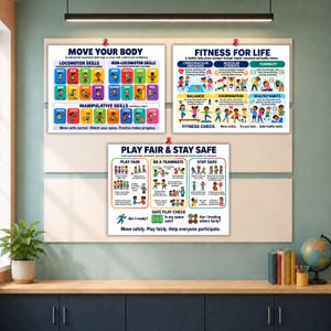 May include: Three educational posters titled Move Your Body, Fitness for Life, and Play Fair & Stay Safe. These charts feature colorful illustrations of children performing various physical activities, exercises, and social interactions for school.