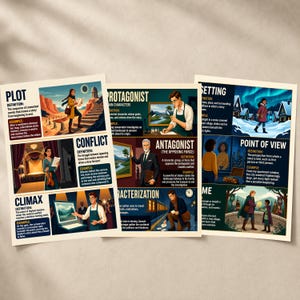 May include: Three educational posters featuring literary elements including plot, protagonist, setting, conflict, antagonist, point of view, climax, characterization, and theme. Each section includes a definition and a descriptive illustration.