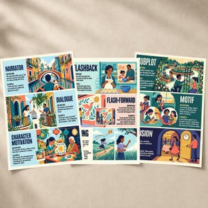 May include: Three educational posters featuring colorful illustrations and definitions for literary terms including Narrator, Flashback, Subplot, Dialogue, Flash-forward, Motif, Character Motivation, and Conclusion, with descriptive text and examples.