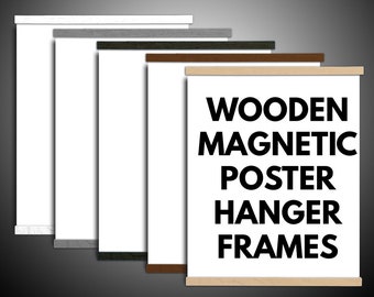 May include: Five wooden magnetic poster hanger frames in different colors. The frames are made of wood and have a magnetic strip on the back. The frames are shown in white, gray, black, brown, and natural wood.