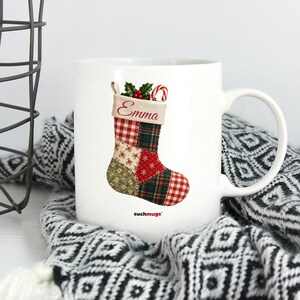 Christmas Mug, Personalized Patchwork Stocking Coffee Mug with Name, Quilt Christmas Gift for Her, Stocking Stuffer for Mom or Grandma