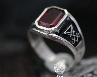 Lucifer Ring Sigil of Lucifer Sterling Silver Lucifer ring with Red CZ