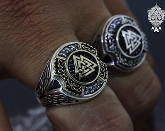 Anel de sinete Valknut Viking, anéis de runas, anel Viking, joias Viking, latão e prata esterlina 925 preto oxidado.