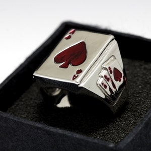 Ace Card Ring, Triple Ace beside, Fashion Men's Silver Ring,925 Sterling Silver,Red Enamel White Gold Plated. image 4