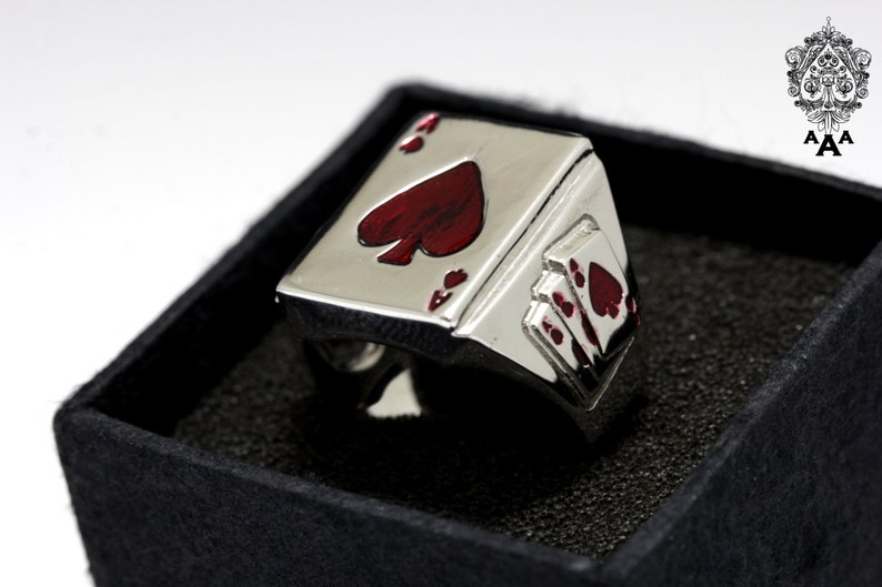 Ace Card Ring, Triple Ace beside, Fashion Men's Silver Ring,925 Sterling Silver,Red Enamel White Gold Plated. image 4