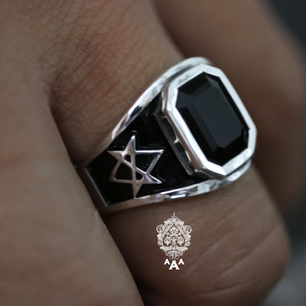 Unicursal hexagram ring Onyx ring Unicursal hexagram Series Sterling Silver 925 Black