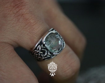 Rutilated Quartz ring Quartz men ring  Celtic ring Oval gem Celtic ring Series Sterling Silver 925 Black