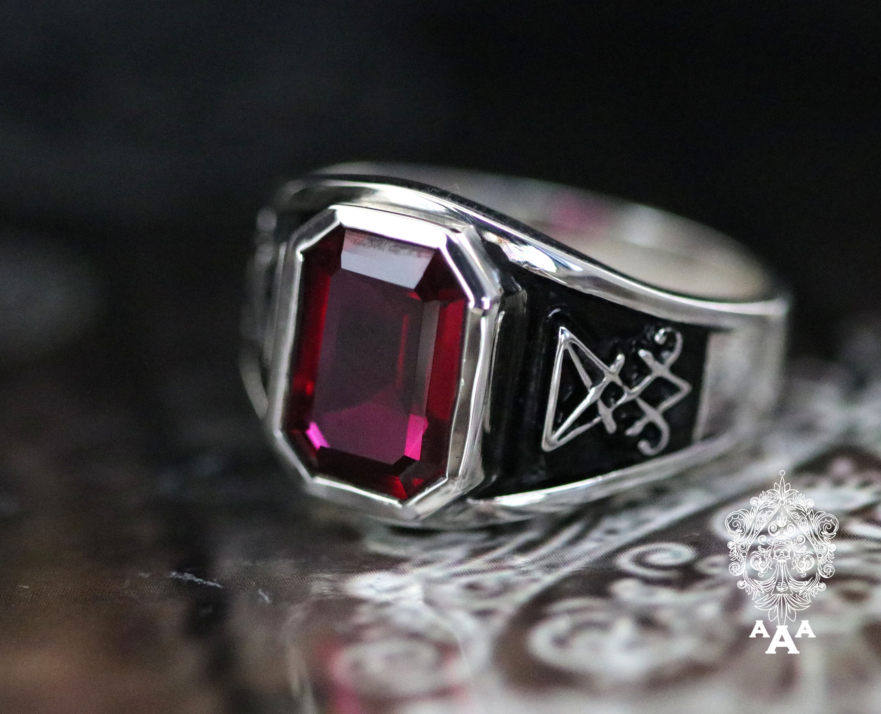 Lucifer Ring Sigil of Lucifer Sterling Silver Lucifer Ring With Red CZ ...