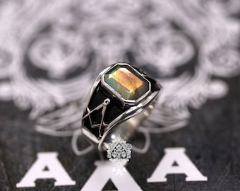 Masonic Ring Silver Masonic Signet with Labradorite Mason Compass Ring Mason 925 Sterling Silver Natural Labradorite Masonic