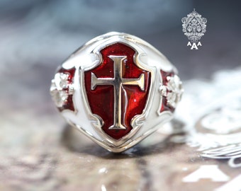 Knigth Templar Cross Ring Silver 925 Red Enamel