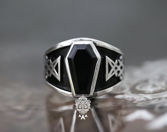Sigil of Lucifer ring,Onyx coffin ring,Onyx silver Ring,Lucifer Series Sterling Silver 925 Black.