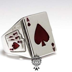 Ace Card Ring, Triple Ace beside, Fashion Men's Silver Ring,925 Sterling Silver,Red Enamel White Gold Plated. image 3