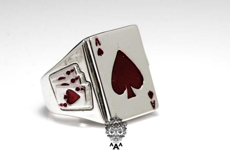 Ace Card Ring, Triple Ace beside, Fashion Men's Silver Ring,925 Sterling Silver,Red Enamel White Gold Plated. image 3