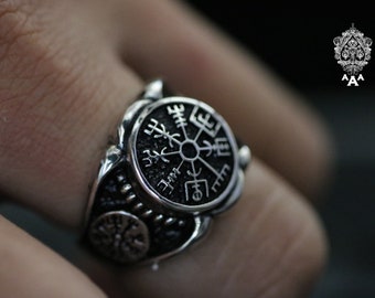 Vegvisir Silver Ring, Vegvisir Viking SigilVegvisir Ring, Sterling Silver 925, Black